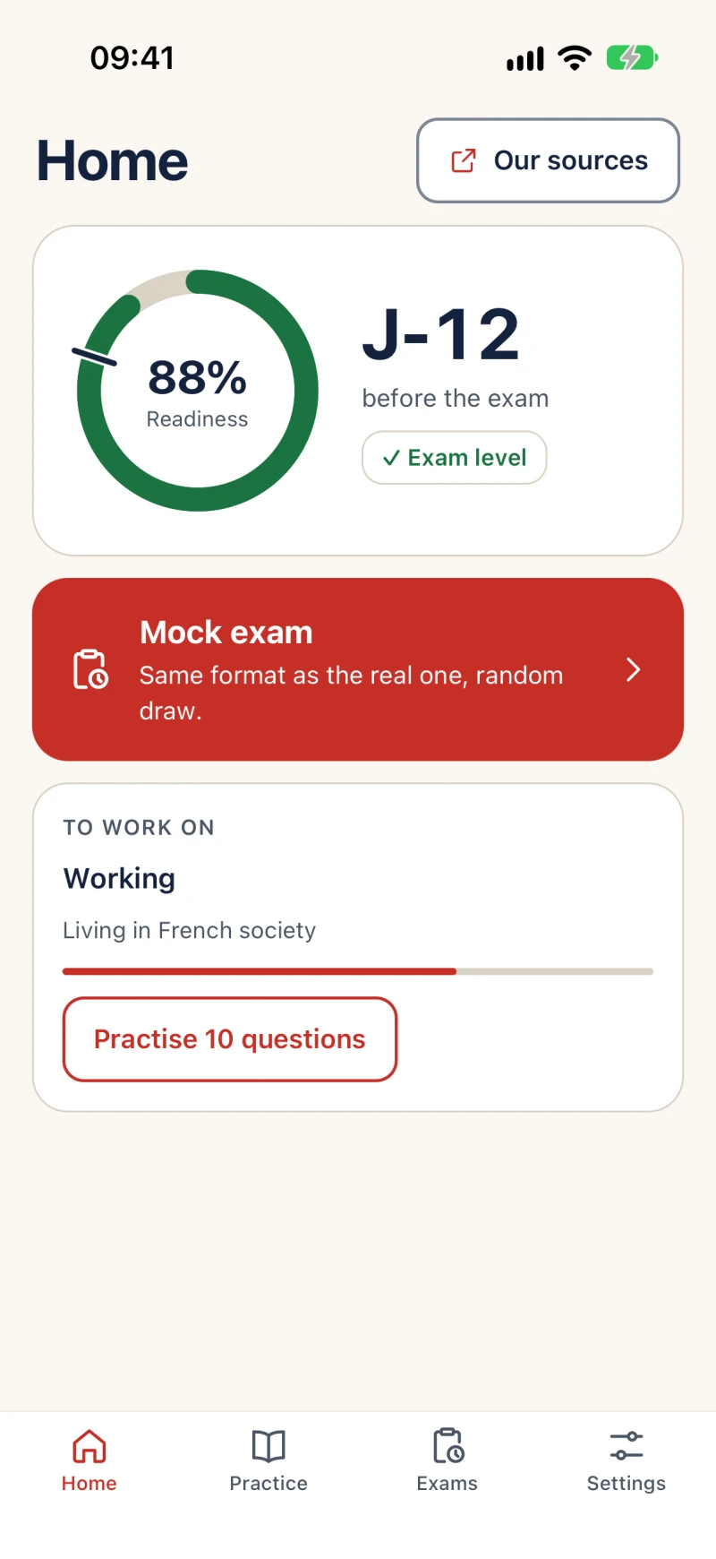 The Civium home screen: the readiness ring, the exam date and the mock exam button