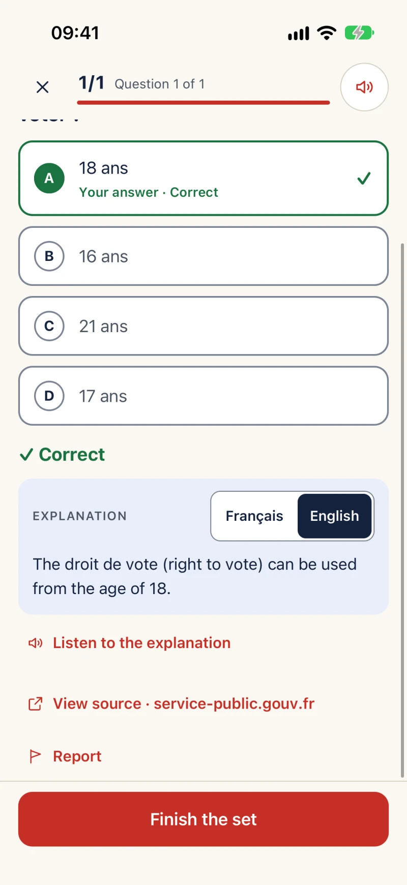 A correct answer with its explanation in English