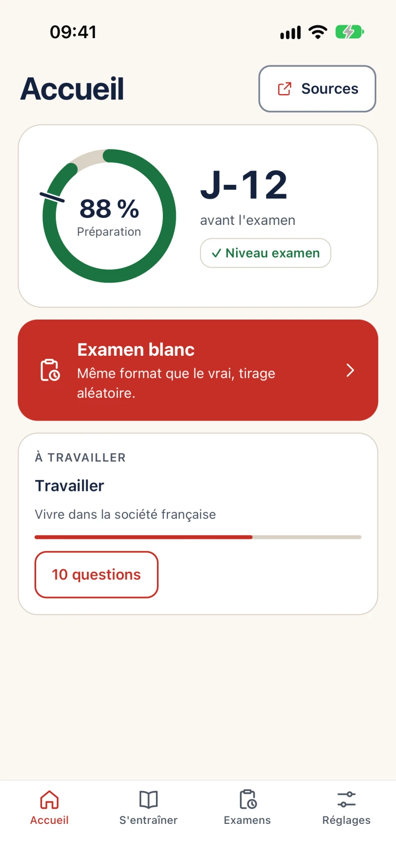 L'accueil de Civium&nbsp;: la jauge de préparation, la date d'examen et le bouton Examen blanc