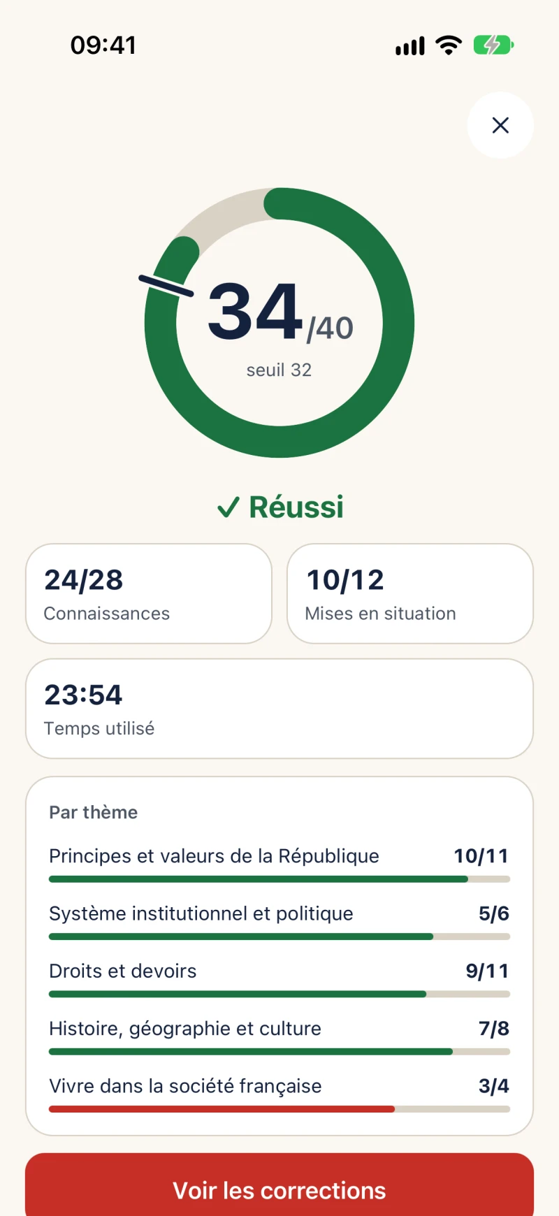 Résultat d'un examen blanc réussi, avec le détail par thème